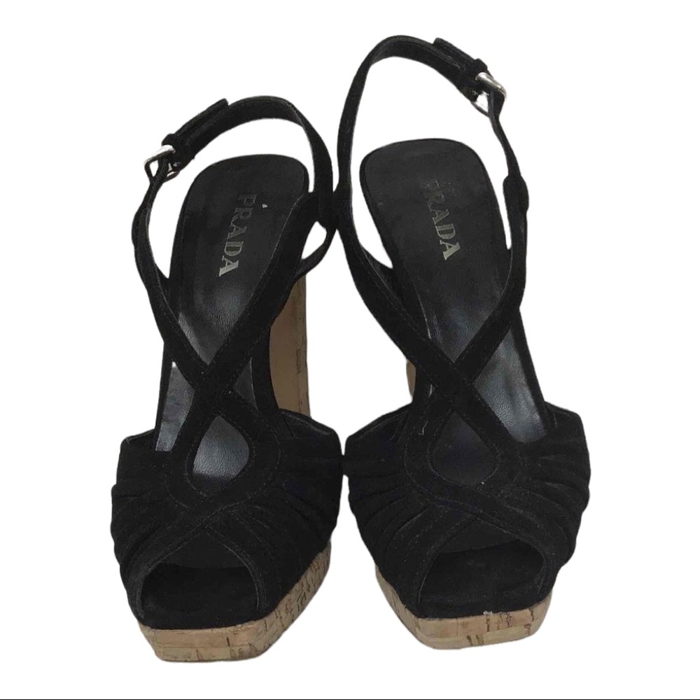 Women's Prada Black Open Toed Cork Heels Size 38.5 With Coa